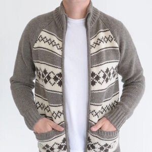 Hudson North Brown Lamb's Wool Argyle Patterned  Zip Up Cartigan - size Small